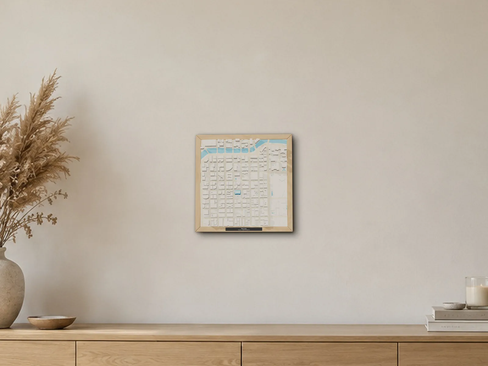 A framed 3D model of The Loop, Chicago, IL, in a generated room