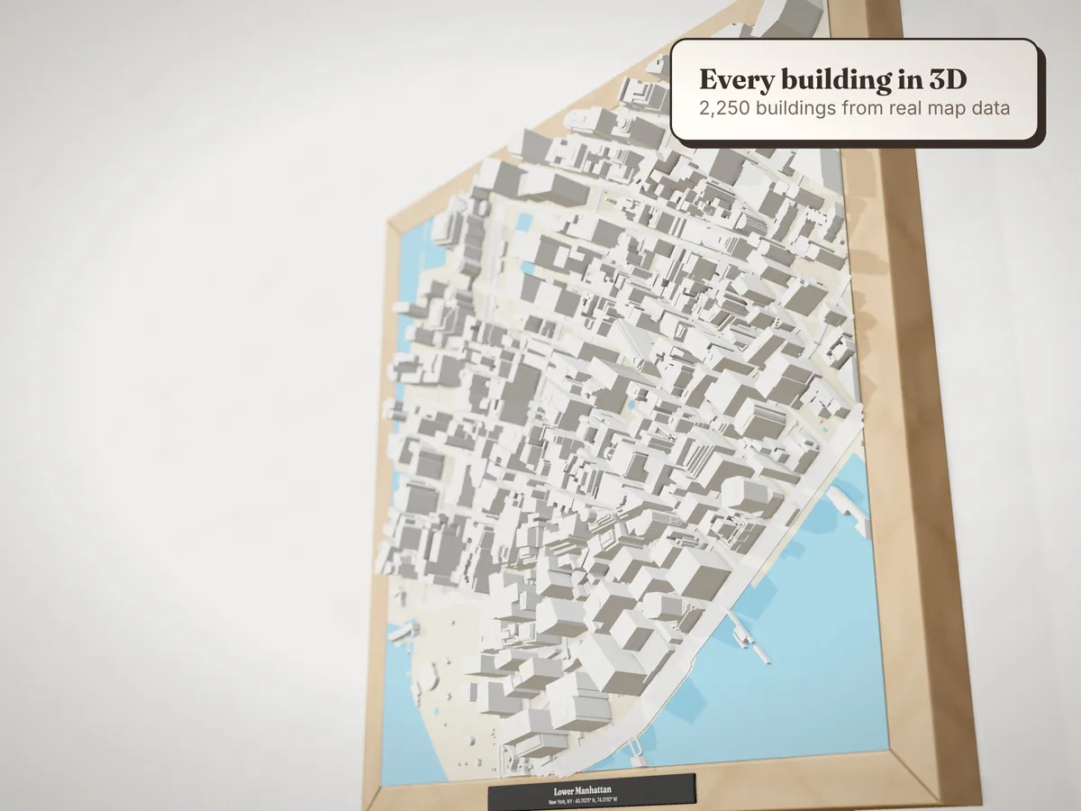 Close-up of a 3D model of Lower Manhattan from the side, towers standing up out of the frame