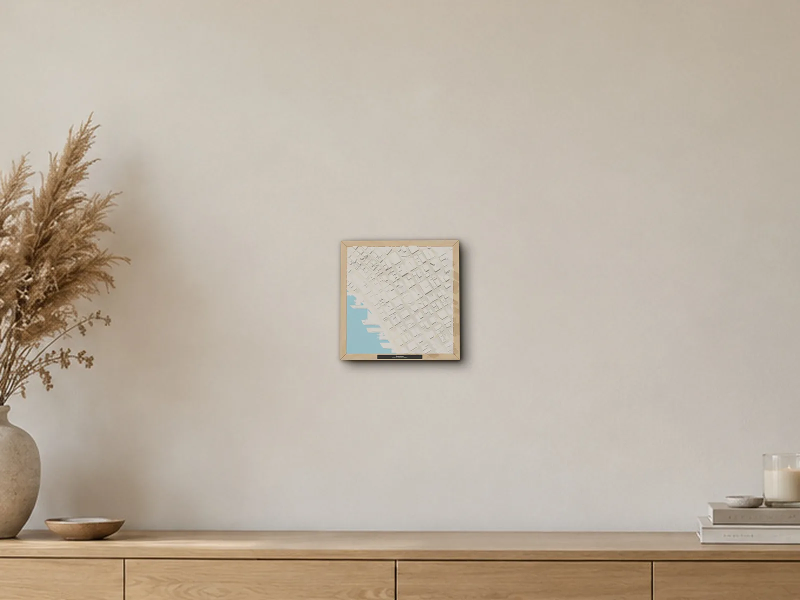 A framed 3D model of Downtown, Seattle, WA, in a generated room