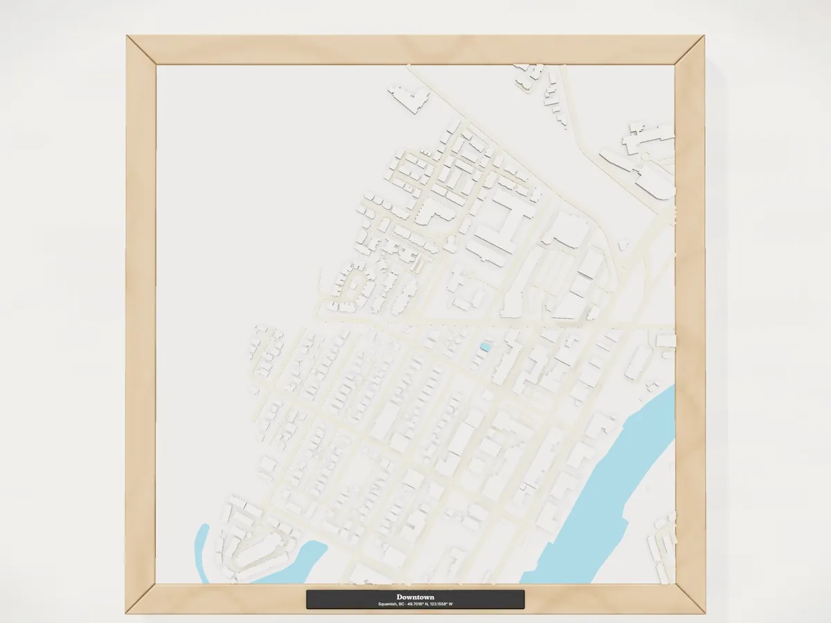 A framed 3D model of Downtown, Squamish