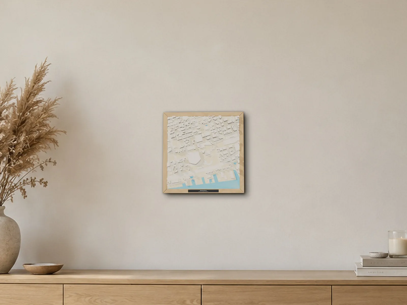 A framed 3D model of Harbourfront, Toronto, ON, in a generated room
