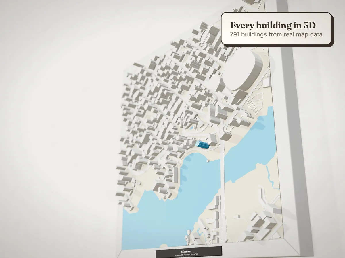Close-up of a 3D model of Yaletown from the side, showing every building at its height